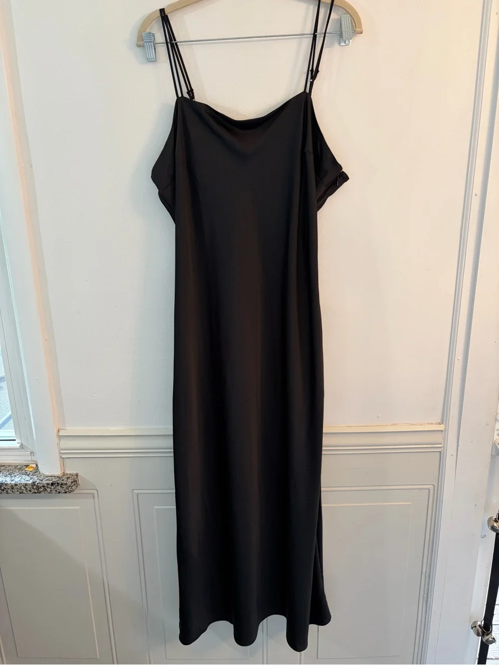 NWT Abercrombie and Fitch Black Satin Double-Strap Maxi Slip Dress